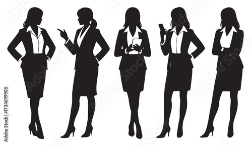 Elegant silhouettes of female professionals in office attire representing leadership, authority, and organizational success