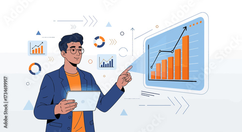 Illustration of a professional analyzing growth chart data on a virtual screen interface