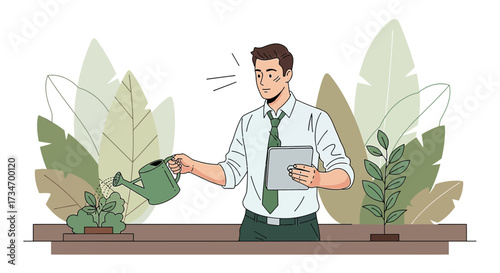 Illustration of a thoughtful businessman watering plants while using a tablet device indoors