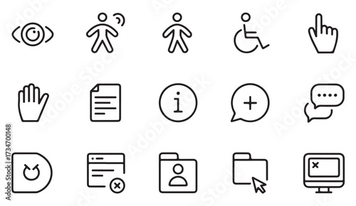 Collection of clean outline icons representing accessibility, healthcare, communication, and web interface elements for digital use