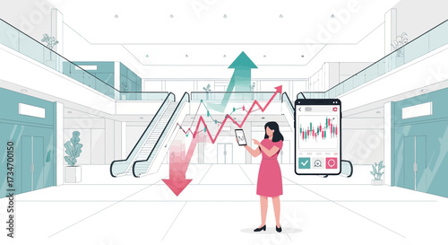 Illustration of a woman analyzing stock market data on her phone inside a mall with escalators and