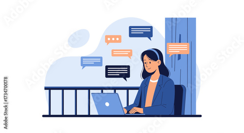 Illustration of a woman using a laptop with messaging icons symbolizing online communication and