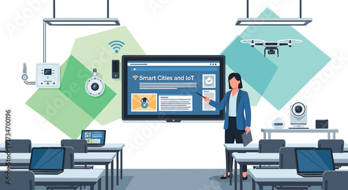 Illustration of a woman teaching about smart cities and iot in a modern classroom environment with