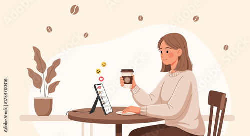 Illustration of a young woman enjoying coffee while using social media on her phone