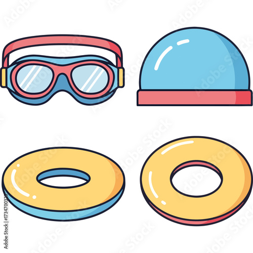 Summer Essentials Swim Goggles, Cap, and Floatie Icons for Fun in the Sun