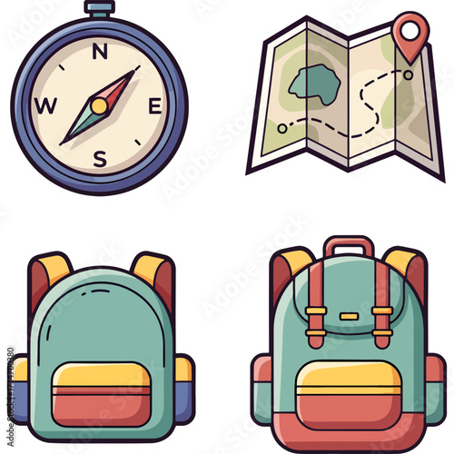 A collection of colorful vector icons for travel and adventure, featuring a compass, map, and hiking backpacks.