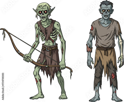 Zombie archer, undead warrior, skeletal creature, creepy monster, horror fantasy, scary artwork, spooky illustration, decayed body, Halloween theme, nightmare design