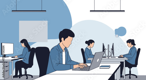 Illustration of business workers working in a modern open plan office space, collaboration and