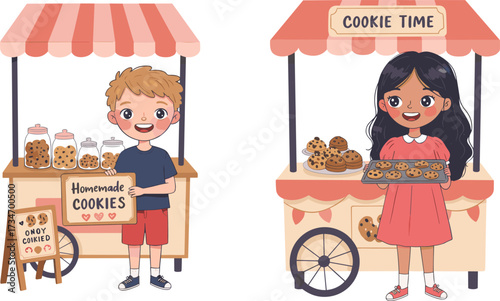 Cute boy and girl selling homemade cookies at outdoor market stall with delicious sweets bakery stand cartoon vector illustration design