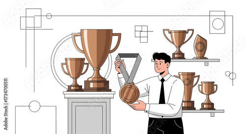 Illustration showcasing a man with trophies, symbolizing achievement and recognition in business