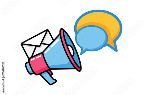 Vector art of an illustration of a megaphone with an email and speech bubble, symbolizing communication, marketing, and announcements in a modern, cartoon style