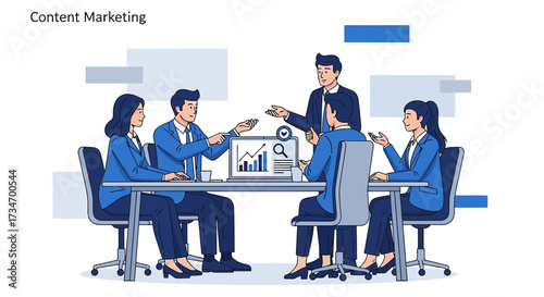 Illustrative depiction of a content marketing team strategizing in a meeting setting and analyzing