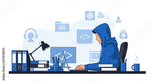 Illustrative depiction of a software developer coding at his desk in a creative workspace
