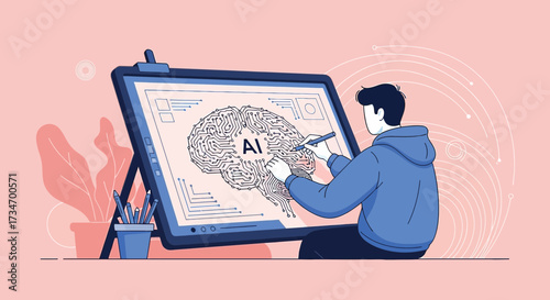 Illustrative depiction of an artist designing an AI brain on a digital drawing tablet workstation
