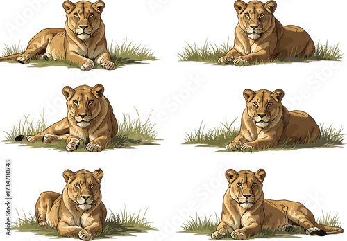 Wild lioness resting on grass, big cat illustration, African wildlife drawing, jungle predator artwork, majestic lion vector design