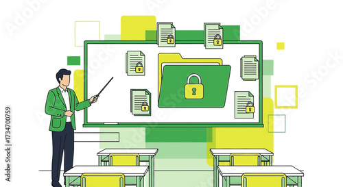 Instructor explaining data security with secured documents concept in classroom setting