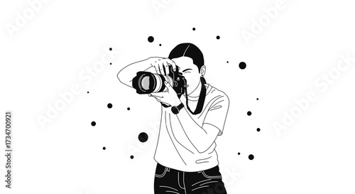 Line art illustration of a female photographer with a dslr camera on white background