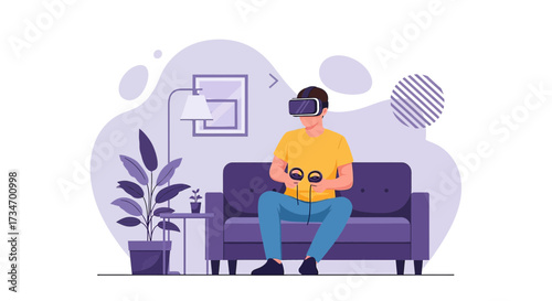 Man enjoying immersive virtual reality experience in his living room environment vector illustration