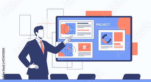 Man presenting project analysis with charts and data in a meeting room illustration