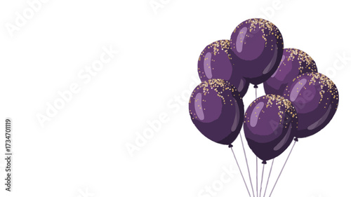 purple balloons with golden glitter confetti isolated on transparent background 