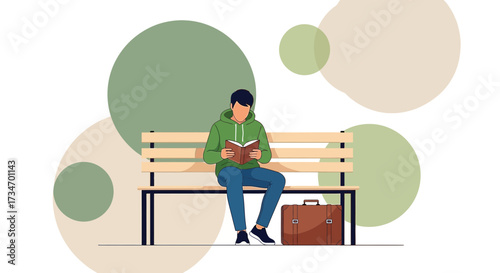 Man reading a book on a bench surrounded by abstract shapes perfect for design uses