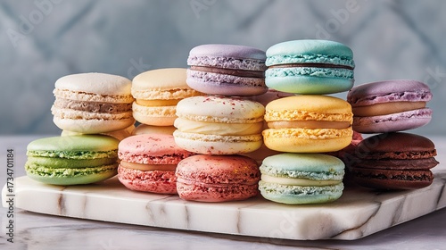   A white marble slab sits beside a colorful array of macaroons