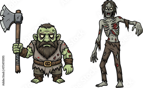 Zombie dwarf warrior, undead monster, scary axe fighter, creepy tall zombie, horror fantasy, spooky illustration, dark artwork, Halloween theme, nightmare design