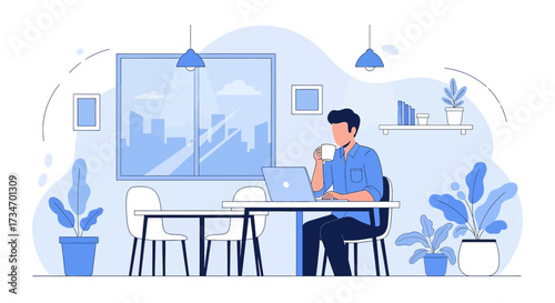Man working from home with laptop and enjoying a cup of coffee in modern design office