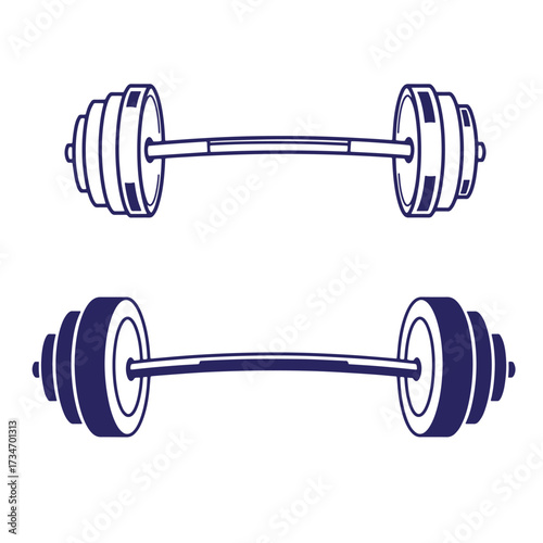 Two stylized dark blue barbell illustrations showing weights fitness exercise and strength training