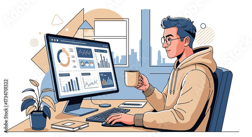 Man working from home analyzing data charts on computer with coffee cup in hand
