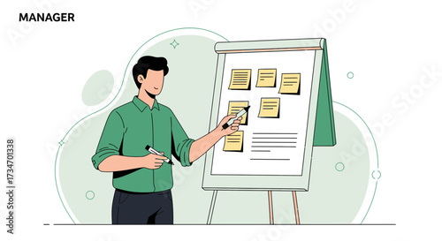 Manager presenting business strategy using sticky notes on flipchart in meeting room
