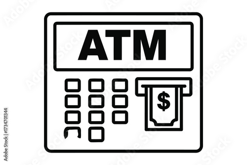 Illustration of an atm machine, a convenient banking terminal for cash withdrawals and financial transactions, featuring a keypad and money slot