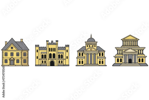 Illustration of various building styles, showcasing diverse architectural designs from residential houses to grand public buildings, with intricate details and unique features