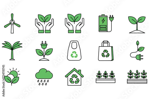 Vector art of a set of ecofriendly icons representing sustainability, renewable energy, and environmental conservation