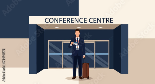 Professional attends conference with luggage near conference centre entrance
