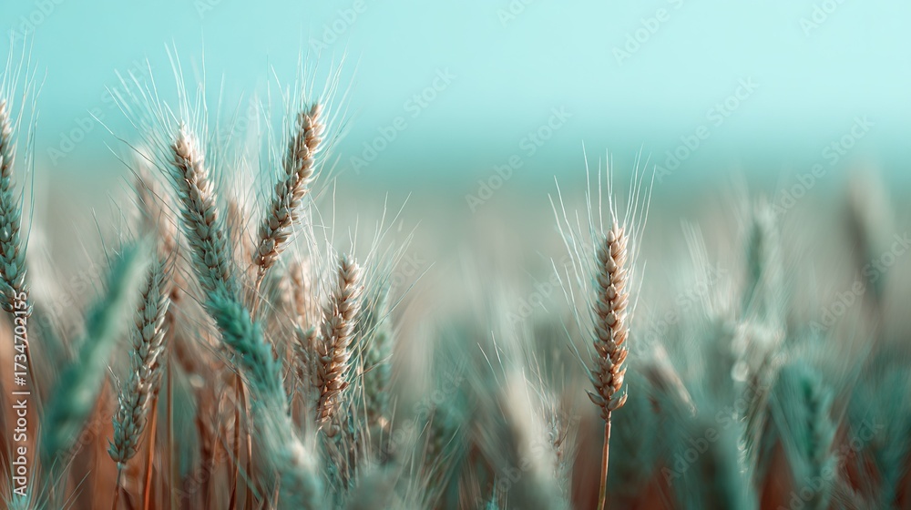 Fototapeta premium Wheat field, blue sky, blurry wheat stalks