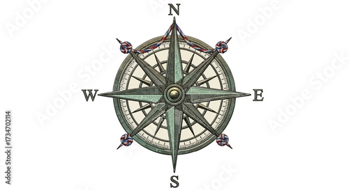 Vintage compass rose vector illustration for navigation and direction on transparent background