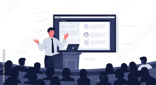 Professional presentation by speaker in front of screen with audience vector illustration