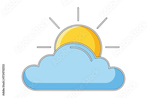 Vector art of a cartoon sun partially hidden behind a cloud, representing weather, sunshine, and the concept of partly cloudy skies in a simple design