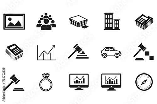 Vector art of collection of black and white business icons, including graph, building, car, diamond ring, gavel, and compass, perfect for presentations and infographics