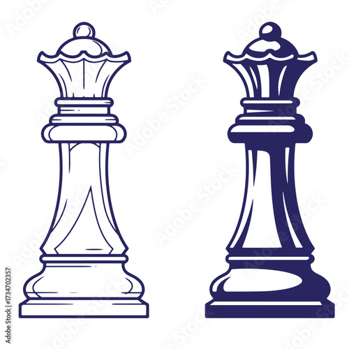 Two vector illustrations of chess queens showing different outline and filled graphic styles