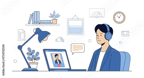 Remote Work Illustration Featuring a Man in a Video Call in a Home Office Setting