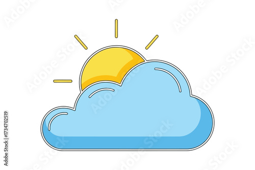 Vector art of a cheerful cartoon illustration of the sun partially hidden behind a fluffy cloud, perfect for weather forecasts, childrens books, or any design needing a touch of brightness