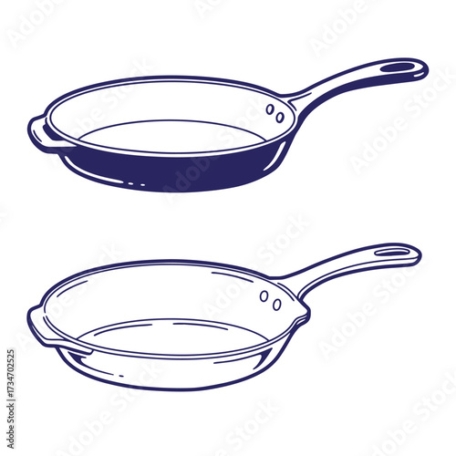 Vector illustration of a cast iron skillet in two different line art styles on white