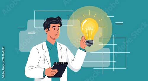 Scientist Having An Idea Holding A Light Bulb and Notebook Representing Innovation and Discovery