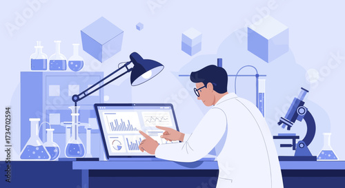 Scientist analyzing data on a laptop in a laboratory setting filled with equipment and experiments