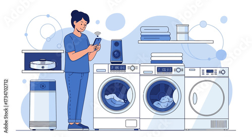 Smart home automation concept featuring a woman controlling appliances with her smartphone in the