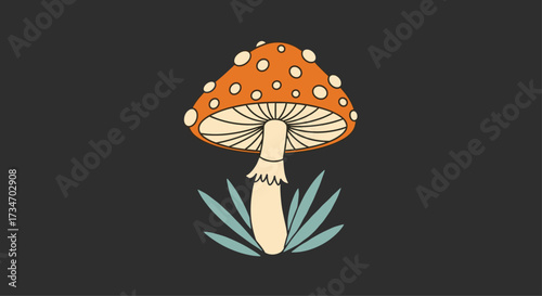 An illustration of an orange mushroom with white spots growing in grass.