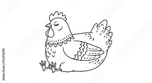 A simple line drawing of a contented chicken resting peacefully.
