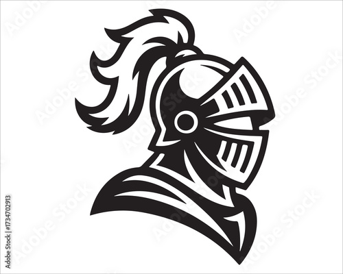 Medieval knight helmet silhouette vector illustration, warrior armor symbol in black and white, crusader soldier logo icon for mascot, battle, security, strength, honor, tradition, and historic cultur